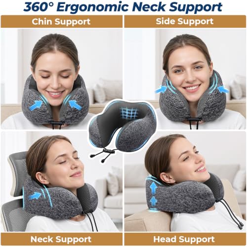 ExploreBliss Travel Pillow, 2 Pack Travel Pillows for Sleeping Airplane, Removable Cover Neck Pillow with Adjustable Clasp, Memory Foam Neck Pillow Set (Dark Grey & Black) - color: Dark Grey & Black