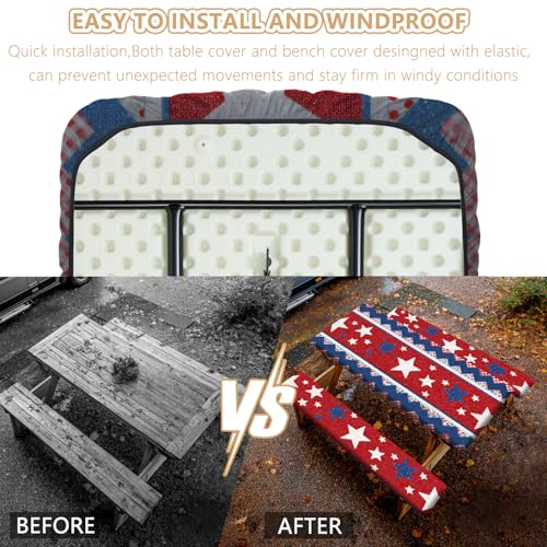 Picnic Table Cover with Bench Covers Elastic Edges, Outdoor Patio Camping Essentials 72 Inch 3PCS, Waterproof Camping Fitted Tablecloth with Handbags (Red White Blue Star Stripe) - color: American Elements, size: 72" x 30" (Rectangular)