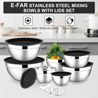 E-far Mixing Bowls with Lids Set, 7-Piece Stainless Steel Metal Mixing Bowls with 3 Grater Attachments, Size 4.6, 3.5, 2.6, 2, 1.5, 1, 0.7QT, Nesting Design & Black Airtight Lids, For Baking/Cooking - color: Black, size: 7 Regular Sizes