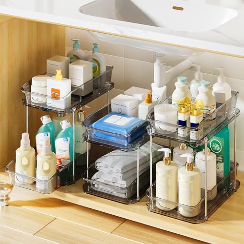 Delamu 2-Tier Under Sink Organizers and Storage, Multi-Purpose Stackable Bathroom Cabinet organizers, Pull Out Kitchen Pantry Organization and Storage with Dividers(3 Pack, Grey) - color: Grey, size: 3 Pack