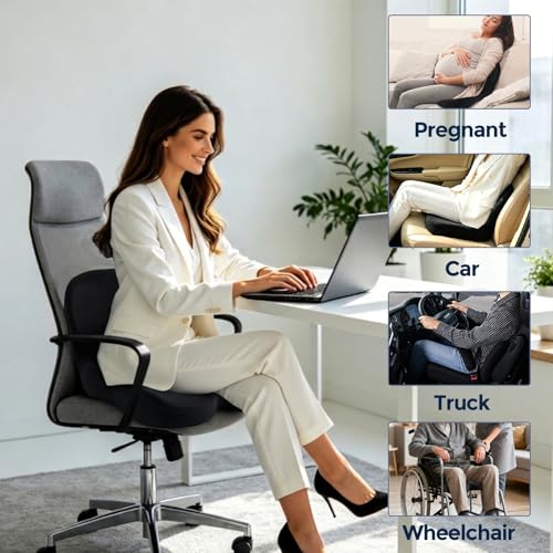 Car Seat Cushion, Memory Foam Driving Cushion with Adjustable Strap, Ergonomic Pad for Car & Semi Truck, Office Chair Cushion for Sciatica & Lower Back Pain Relief, Black - color: Black