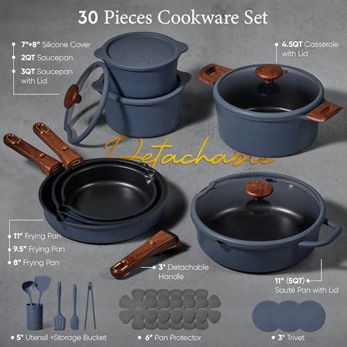 CAROTE 30-Piece Titanium Cookware Set, Nonstick Pots and Pans Set with Detachable Handle, RV Kitchen Cooking Set, Camping Use, Induction Compatible, Dishwasher & Oven Safe - color: Blue