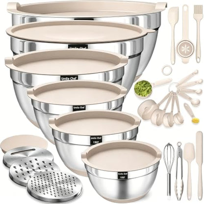 Mixing Bowls with Airtight Lids Set, 26PCS Stainless Steel Khaki Bowls with Grater Attachments, Non-Slip Bottoms & Kitchen Gadgets Set, Size 7, 4, 2.5, 2.0,1.5, 1QT, Great for Mixing & Serving - color: Khaki
