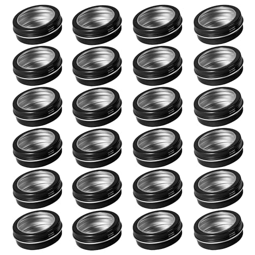 2 oz (60ml) Black Aluminum Tins with Clear Lids and Labels, 24 Pack | Clear View Lid, Secure Packaging, Tight Screw Lids, Includes Blank Labels, 11 Color Options - color: Black