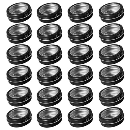 2 oz (60ml) Black Aluminum Tins with Clear Lids and Labels, 24 Pack | Clear View Lid, Secure Packaging, Tight Screw Lids, Includes Blank Labels, 11 Color Options - color: Black