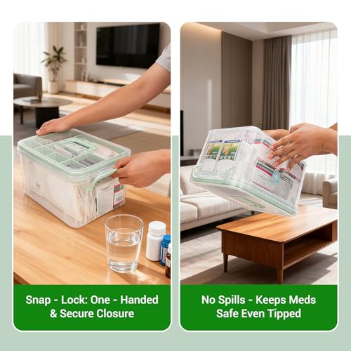 15QT Clear Medicine Storage Box with Comfort Handle and Compartments, Medicine Box Organizer Storage for Safe and Tidy Medication, First Aid, and Personal Care Item Organization