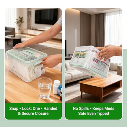 15QT Clear Medicine Storage Box with Comfort Handle and Compartments, Medicine Box Organizer Storage for Safe and Tidy Medication, First Aid, and Personal Care Item Organization
