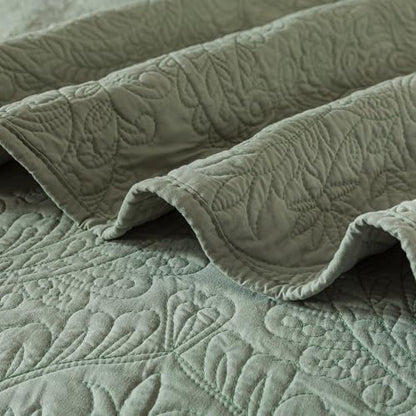 HoneiLife Queen Quilt Bedding Sets - Microfiber Quilt Sets for Queen Bed, 3-Piece Lightweight Bedspreads,Reversible Coverlets Rustic Bedlinen Sets, Embroidered Bedding Sets All Season Quilts - color: Pickle Green, size: Queen/Full-90"x96"