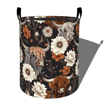 Cute Highland Cow and Flowers Laundry Basket with Handles, 19.7"x15.7" Clothes Foldable Laundry Hamper Organizer for Dorm Nursery Bedroom Bathroom Decor, Toy Storage Bin for Kids - style: Highland Cow09