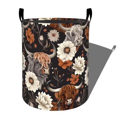 Cute Highland Cow and Flowers Laundry Basket with Handles, 19.7"x15.7" Clothes Foldable Laundry Hamper Organizer for Dorm Nursery Bedroom Bathroom Decor, Toy Storage Bin for Kids - style: Highland Cow09