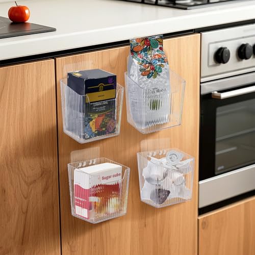 WRINGKIT 6 Pack Wall Mount Storage Bins, Plastic Clear Shower Basket Caddy with Self-Adhesive Hooks, Stackable Hanging Bin Basket Organizer Holder for Cabinet, Kitchen, Bathroom, Pantry, Under Sink