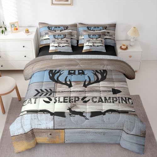 Erosebridal Camping Hunting Comforter Set Twin Size 7 Piece,Rustic Elk Deer Bedding Set with Sheets for Kids Adults,Farmhouse Camper Bed in A Bag Eat Sleep Hunt and Camp Bed Set Grey Blue - color: Black Blue, size: Twin