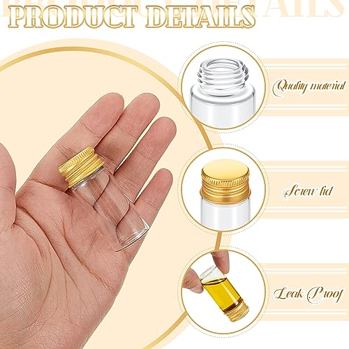 Didaey 100 Pcs Small Clear Vials Spice Mini Jars with Lids Mini Glass Bottles with Screw Aluminum Metal Caps Tiny Jars Sample Containers for Powder Cream Cosmetic Jewelry Wedding (10 ml,Gold Caps) - color: Gold Caps, size: 10 ml