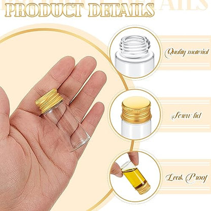 Didaey 100 Pcs Small Clear Vials Spice Mini Jars with Lids Mini Glass Bottles with Screw Aluminum Metal Caps Tiny Jars Sample Containers for Powder Cream Cosmetic Jewelry Wedding (10 ml,Gold Caps) - color: Gold Caps, size: 10 ml