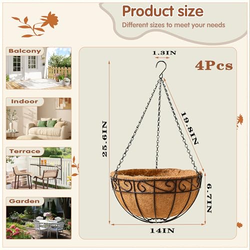 14 inch Metal Hanging Baskets For Plants Outdoor 4 Pack Round Metal Wire Hanging Basket Planter with Coco Fiber Liners Chain Round Wire Plant Holder for Garden, Patio, Deck, Porch Plants Flower Potss - size: 14 Inch, style: Flower Border