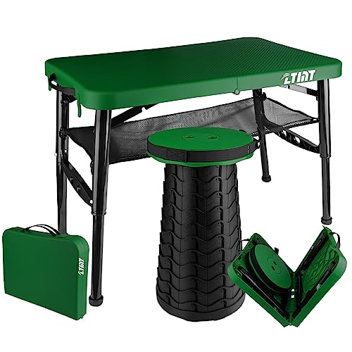 Small Folding Table and Stool, Portable, Adjustable Height, Camping & Picnic Table, 4 Foot, Lightweight - color: Green