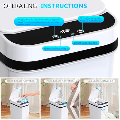 jinligogo 3Pack Bathroom Small Trash Can with Lid, 2.6 Gallon Touchless Automatic Garbage Can Slim Waterproof Motion Sensor Smart Trash Bin for Bedroom, Office, Living Room-White - color: White
