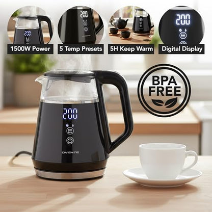 OVENTE 1L Small Electric Kettle with 5 Temperature Preset, Digital Display, 5Hr Keep Warm, Auto Shut-Off, Double-Wall Cool Touch Exterior, Borosilicate Glass,1500W BPA Free Water Boiler, Black KD95B - color: Black