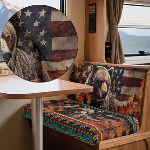 Bear American Flag Maple Leaf Pattern 2 Pieces RV Dinette Cushion Covers,Washable Camper Cushion Slipcovers Flannel Sofa Cushions Slipcovers for Travel Trailer Couch for Dogs and Kids - color: Bear American Flag Maple Leaf