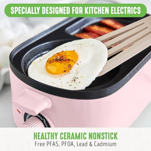 GreenLife 3-in-1 Breakfast Maker Station, Healthy Ceramic Nonstick Dual Griddles for Eggs Meat Sausage Bacon Pancakes and Breakfast Sandwiches, 2 Slice Toast Drawer, Easy-to-use Timer, Pink - color: Pink