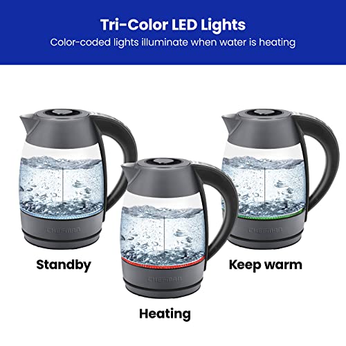 Chefman Digital Electric Kettle with Rapid 3 Minute Boil Technology, Custom Steep Timer & Temperature Presets, Bonus Tea Infuser, Rust & Discoloration Proof, 1.8 Liter, Grey, 1500W - color: Grey, style: Glass with Tea Infuser