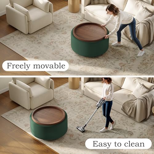 Round Storage Ottoman Coffee Table with Walnut Tray, 30'' Round Ottoman with Storage, Modern Upholstered Coffee Table with with 4 Casters for Living Room, Linen Fabric, Green - color: Green