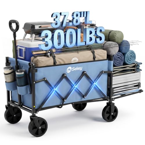 Sekey Collapsible Wagon Cart with Drop-Down Tailgate, 300 lb Capacity - color: Blue, size: 300 lbs