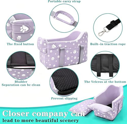 Center Console Dog Car Seat Safe Travel for Small Dogs Under 15 lbs Detachable Washable Pet Carrier with Storage Pockets & Safety Leash (Purple) - color: Purple