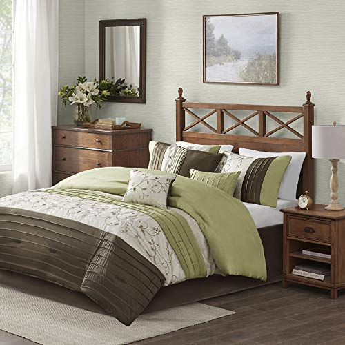 Madison Park Serene Faux Silk Comforter Set - Floral Embroidery Design, All Season Bedding Set, Matching Bed Skirt, Decorative Pillows, Green Queen(90"x90") 7 Piece - color: Green, size: Queen