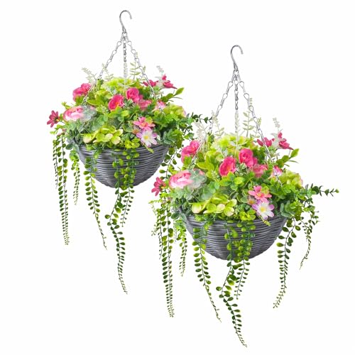 2 Pack 14” Artificial Hanging Flower Baskets, Faux Pink & Green Flowers with Lush Trailing Greenery, Wicker Hanging Basket with Chain, Indoor Outdoor Porch Patio Balcony Decor - color: 2-setpink-dl