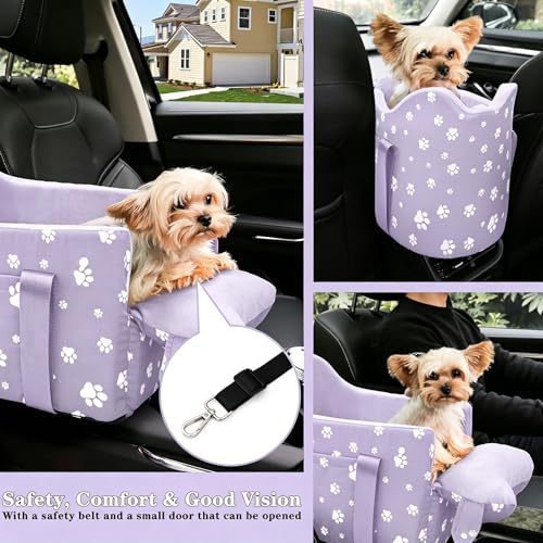 Center Console Dog Car Seat Safe Travel for Small Dogs Under 15 lbs Detachable Washable Pet Carrier with Storage Pockets & Safety Leash (Purple) - color: Purple
