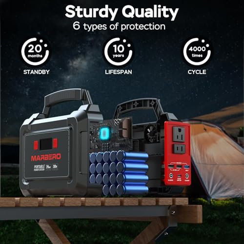 MARBERO Portable Power Station 350W Peak Camping Solar Generator Laptop Charger 296Wh Power Bank with AC Outlet 110V with Multi-Output LED Flashlights for CPAP Home Camping Hurricane Emergency - color: Red