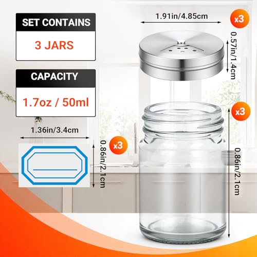 Segarty 1.7oz Mini Spice Jars with Metal Shaker Lids, 3 Pack 50ml Glass Seasonings Containers Adjustable Pour Holes for Kitchen Organization Condiments Storage, Salt Pepper Shakers 3 Labels for Picnic - size: 1.7oz / 50ml