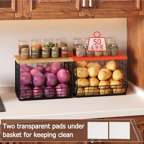 2 Set Stackable Wire Basket with Wooden Tops & Pad for kitchen organizers and storage, XXL Kitchen Counter Organizer for Fruit, Vegetable, Bread, Potato and Onion Storage Bin - size: 2pcs*11.8"*11.8"*18.9"