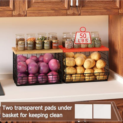 2 Set Stackable Wire Basket with Wooden Tops & Pad for kitchen organizers and storage, XXL Kitchen Counter Organizer for Fruit, Vegetable, Bread, Potato and Onion Storage Bin - size: 2pcs*11.8"*11.8"*18.9"