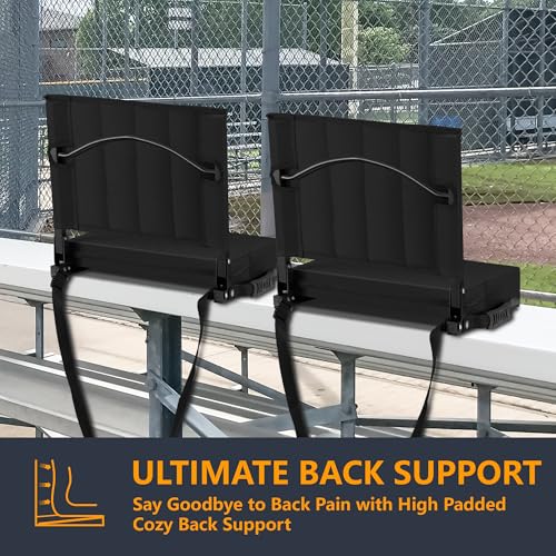 Stadium Seat for Bleachers with Back Support, Portable Bleacher Seat with Wide Comfy Padded Cushion, Metal Hook, Folding Stadium Chair with Shoulder Strap, Carry Handle, Cup Holder, Black - color: Black