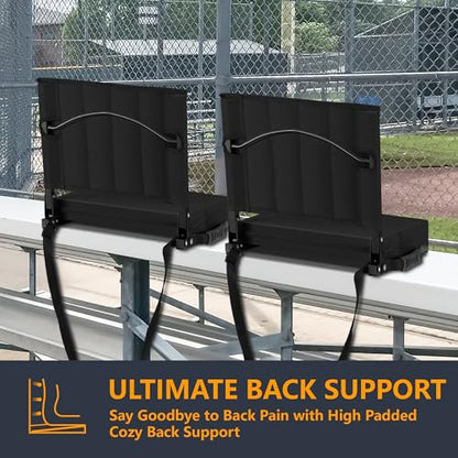 Stadium Seat for Bleachers with Back Support, Portable Bleacher Seat with Wide Comfy Padded Cushion, Metal Hook, Folding Stadium Chair with Shoulder Strap, Carry Handle, Cup Holder, Black - color: Black