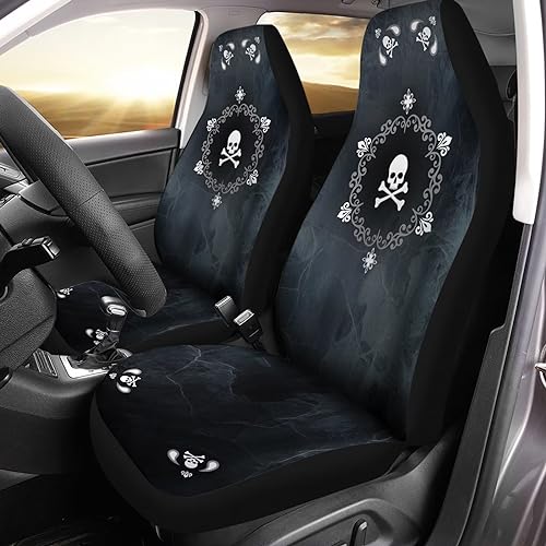Bulopur Cute Black Gray Skull Set of 2 Car Seat Covers Universal Auto Front Seats Protector Fits for Car,SUV Sedan,Truck - color: Black Gray Skull Floral