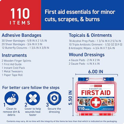 Care Science First Aid Kit, 110 Pieces | Professional Use for Travel, Work, School, Home, Car, Emergency, Survival, Camping, Hiking, and More - size: 110 Piece Set