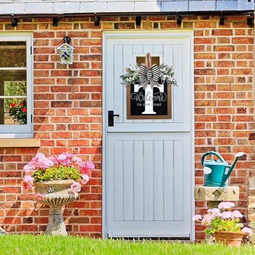 Last Name All Year Round Front Door Wreath with 26 Initial Letter Welcome Sign All Seasons Eucalyptus Garland and Bow ，Farmhouse, Porch, for Spring Summer Fall All Seasons Holiday Halloween Christmas.（T） - color: T