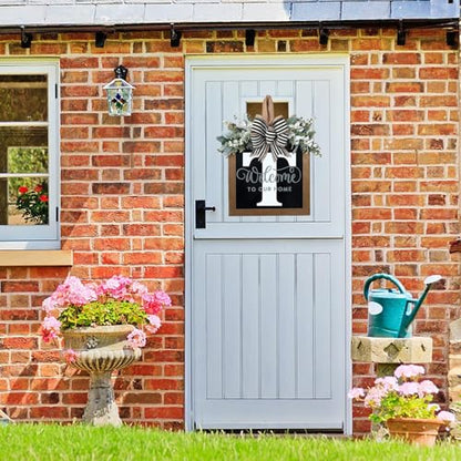 Last Name All Year Round Front Door Wreath with 26 Initial Letter Welcome Sign All Seasons Eucalyptus Garland and Bow ，Farmhouse, Porch, for Spring Summer Fall All Seasons Holiday Halloween Christmas.（T） - color: T