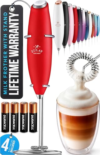 Zulay Kitchen Powerful Milk Frother Wand With Duracell Batteries - Ultra Fast Handheld Drink Mixer - Electric Whisk Foam Maker for Coffee, Lattes, Cappuccino & Matcha - Z1 Motor - Cardinal Red - color: Brick Red, size: Z1 Motor + Batteries