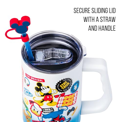Silver Buffalo Disney Mickey and Friends Featuring Donald Duck, Daisy Duck, Minnie Mouse, Mickey Mouse, Goofy, and Pluto Stainless Steel Tumbler with Straw Cover, Lid, Straw, and Handle, 40 Ounces - color: Mickey and Friends