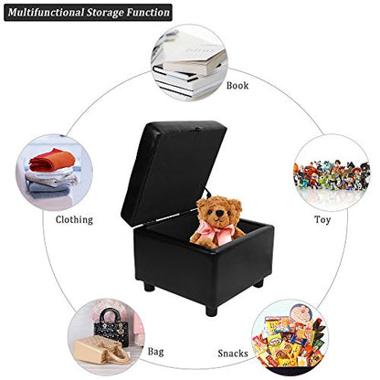 H&B Luxuries Tufted Leather Square Flip Top Storage Ottoman Cube Foot Rest (Black) - color: Black