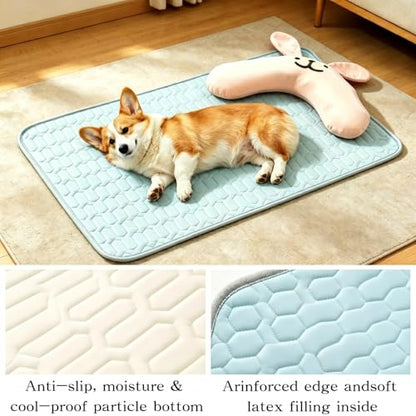 [28" x 20"] Dog Cooling Mat with Detachable Bunny Pillow, Ice Silk Pet Cooling Pad for Medium Large Dogs, Washable & Portable Dog Bed for Summer, Blue. - size: L