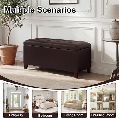 Asense Storage Ottoman Bench, 33" Faux Leather Upholstered End of Bed Bench with Safety Hinge,Wooden Legs,for Entryway Bedroom Living Room,Chocolate Brown - color: 33" Chocolate Brown Faux Leather