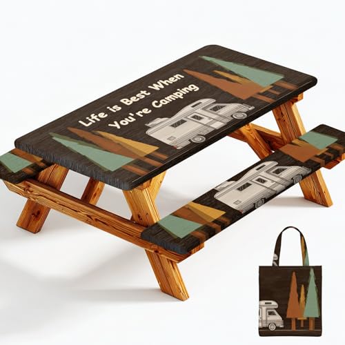 Picnic Table Cover with Bench Covers Elastic Edges, Outdoor Patio Camping Essentials 72 Inch 3PCS, Waterproof Camping Fitted Tablecloth with Handbags (Life is Best When You're Camping) - color: Wooden Camping Trailer, size: 72" x 30" (Rectangular)