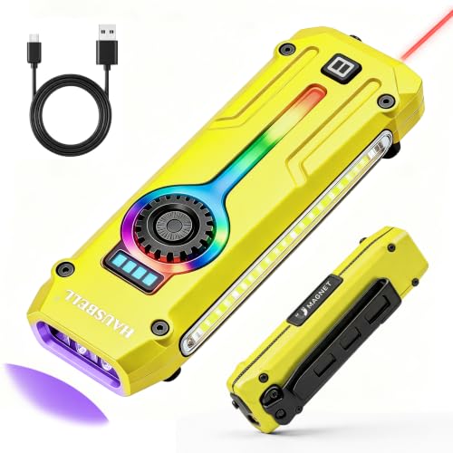 HAUSBELL Flat EDC Flashlight,1800 Lumen UV Magnetic Rechargeable Pocket | Stepless Dimming Dial,Stainless Steel Body,RGB+UV,USB-C Fast Charge,Magnetic Base,Waterproof, for Work,Camping & Emergency - color: Yellow
