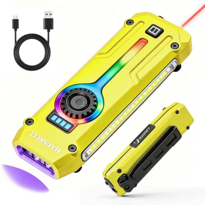 HAUSBELL Flat EDC Flashlight,1800 Lumen UV Magnetic Rechargeable Pocket | Stepless Dimming Dial,Stainless Steel Body,RGB+UV,USB-C Fast Charge,Magnetic Base,Waterproof, for Work,Camping & Emergency - color: Yellow