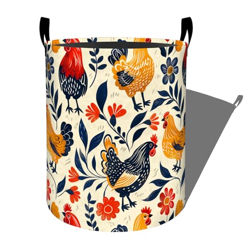 Colorful Roosters Hens Red Flowers Laundry Basket with Handles, 19.7"x15.7" Clothes Foldable Laundry Hamper Organizer for Dorm Nursery Bedroom Bathroom Decor, Toy Storage Bin for Kids - style: Rooster & Hen02